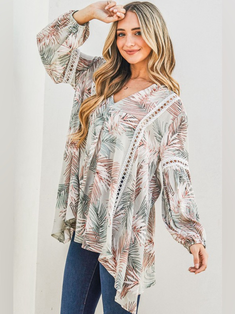 And The Why Printed with Lace Trim Casual Tunic Top - Picture 2 of 3
